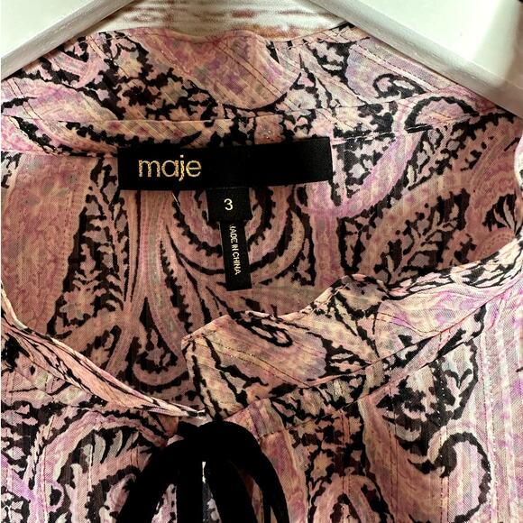 NWOT Maje Apollo Tie Neck Paisley Top Blouse Pink Black Gold Blouse Size Large - Picture 10 of 12